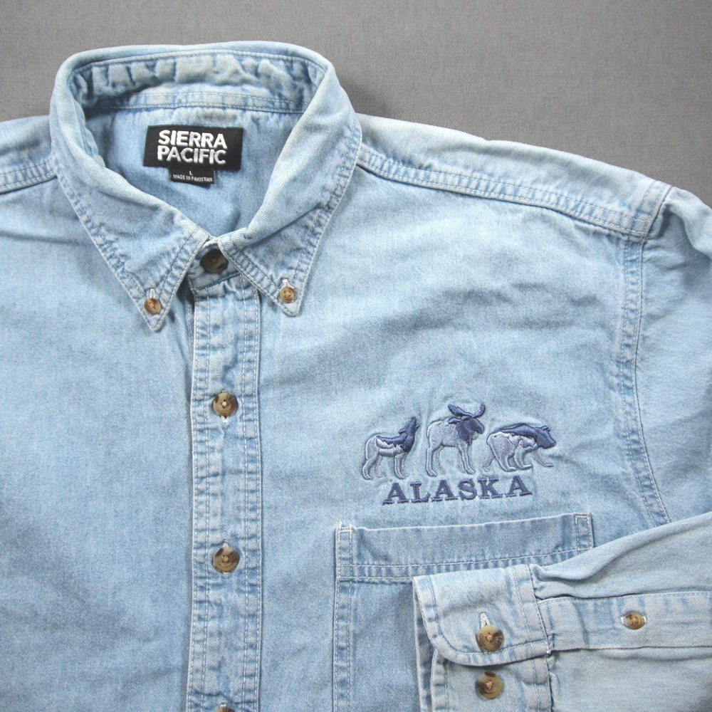 Alaska Wildlife Shamry Denim Embroidered Denim Men L Shirt Vintage Cabin Nature